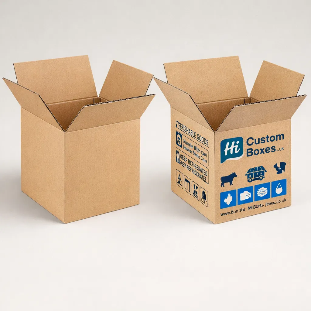 Two sliding drawer-style boxes, one plain white and one featuring a cow illustration and dairy logo. class=